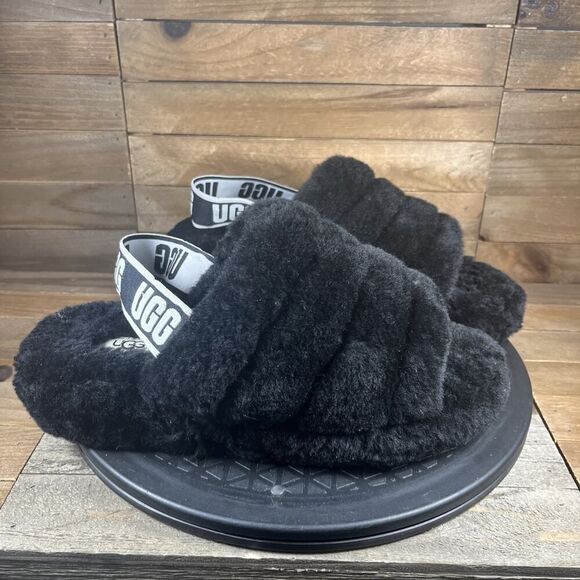 UGG Womens Size US 8 Fluff Yeah Black Slip On Comfort Slingback Slippers - Picture 1 of 10
